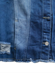 Lovevop-Flap Pockets Raw Hem Ripped Denim Jacket, Long Sleeve Distressed Casual Coats, Women's Denim & Clothing
