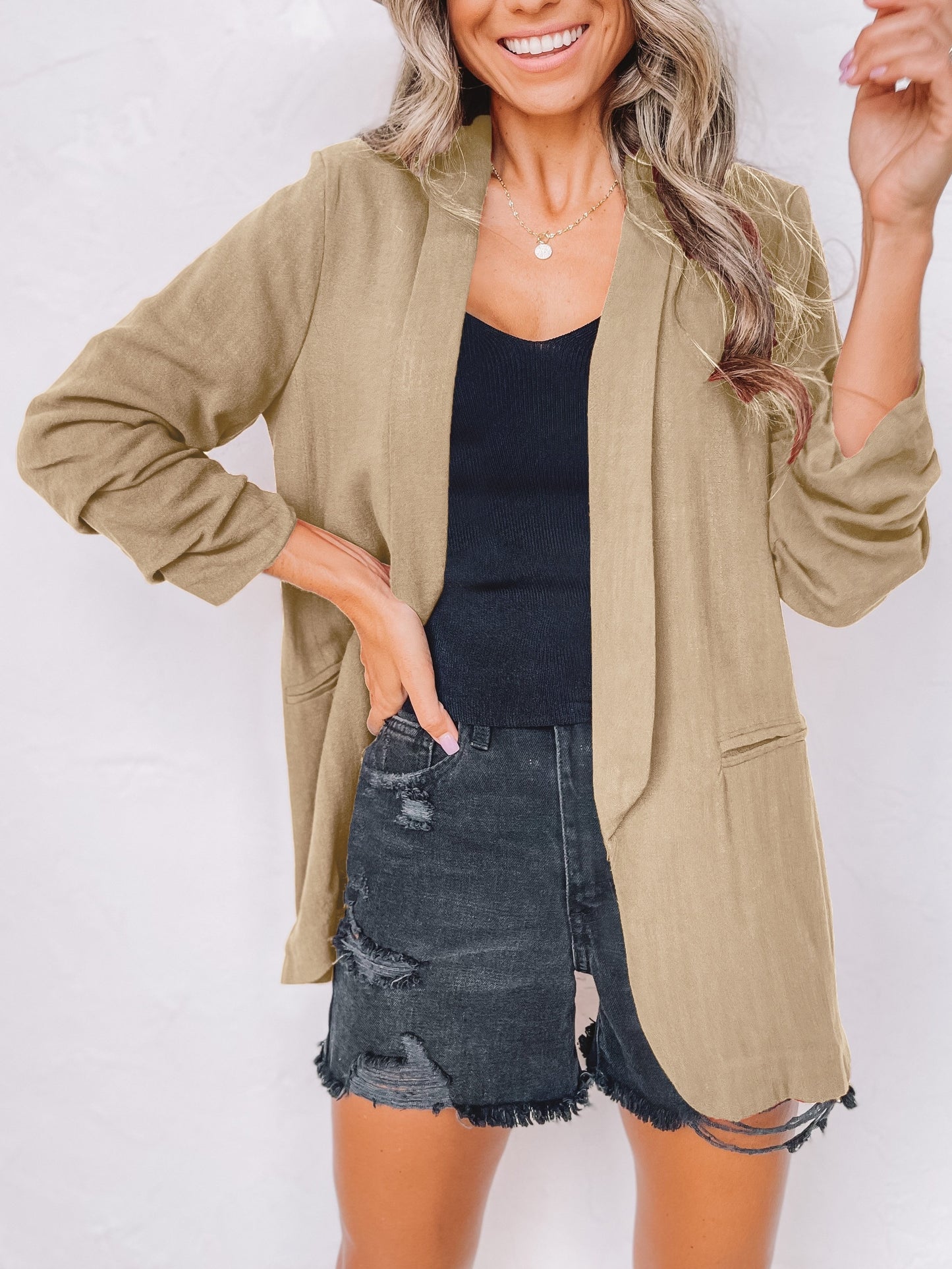 「lovevop」Solid Lapel Blazer Jacket, Casual Long Sleeve Office Work Outerwear, Women's Clothing