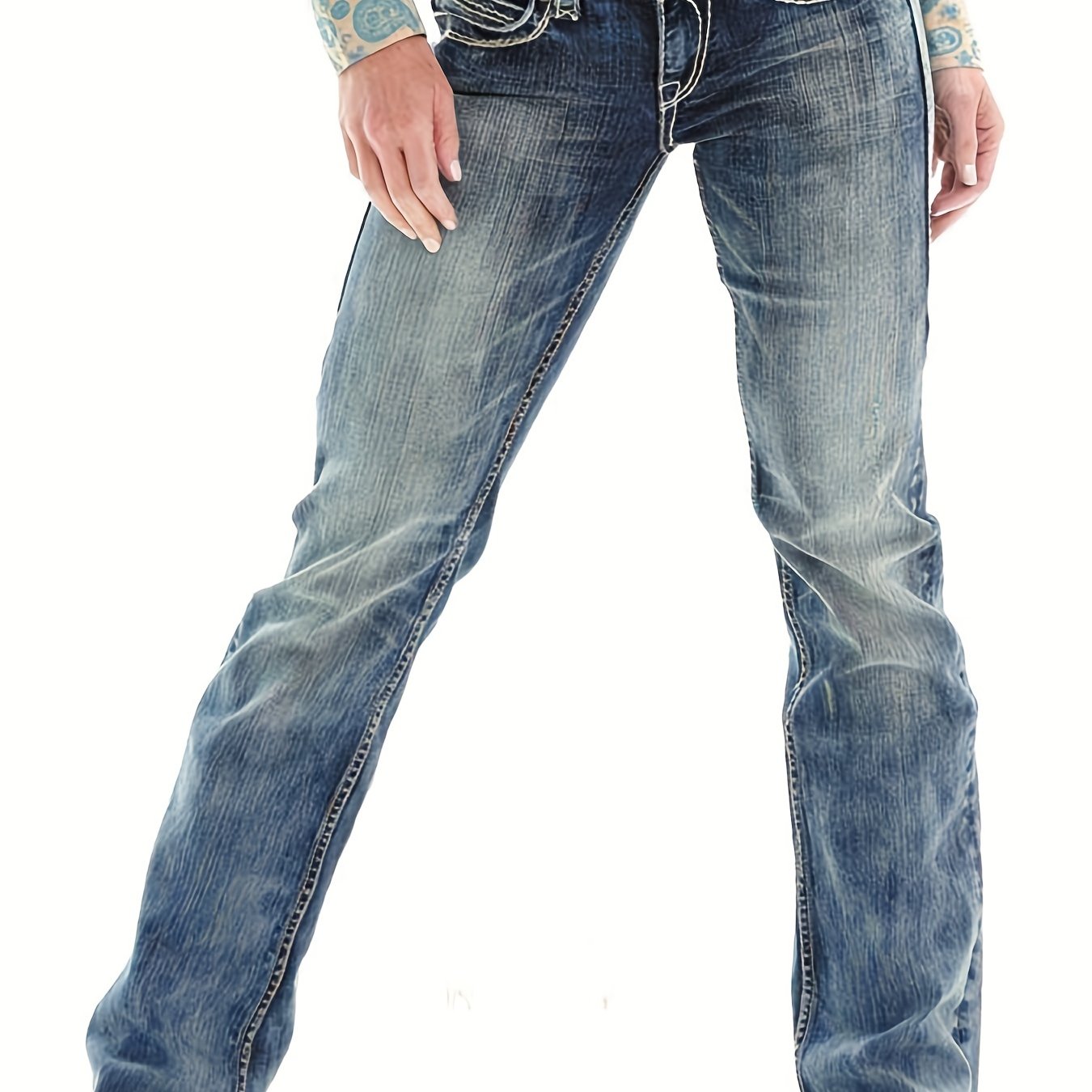 「lovevop」Blue Loose Fit Straight Jeans, Slash Pockets Casual Denim Pants, Women's Denim Jeans & Clothing