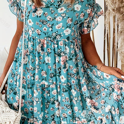 「lovevop」Floral Print Ruffle Dress, Boho Flared Sleeve Round Neck Loose Beach Spring & Summer Vocation Dresses, Women's Clothing