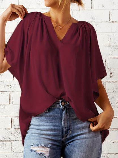 「lovevop」Notched Neck Loose Blouse, Casual Top For Summer & Spring, Women's Clothing