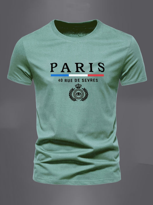 「lovevop」Men's "PARIS" Print Short Sleeve Casual Crew Neck T-Shirt, Breathable Tee For Spring Summer Sports