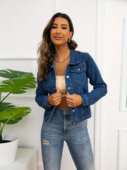 Lovevop-Flap Pocket Single-breasted Trucker Jacket, Long Sleeves Causal Style Blue Denim Coat, Women's Denim Jeans & Clothing