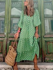 「lovevop」Full Printed Dress, Boho Puff Sleeve Maxi Loose Dress, Women's Clothing