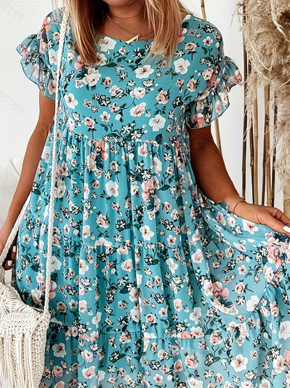 「lovevop」Floral Print Ruffle Dress, Boho Flared Sleeve Round Neck Loose Beach Spring & Summer Vocation Dresses, Women's Clothing