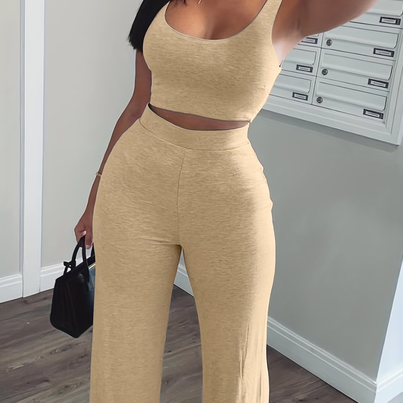 「lovevop」Casual Workout 2 Pieces Set, Cropped Sleeveless Tank Top & High Waist Wide Leg Pants Outfits, Women's Clothing
