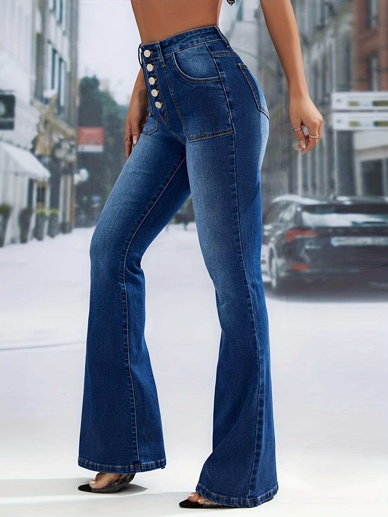「lovevop」Blue High Waist Flared Jeans, Bell Bottom Single-Breasted Button Slash Pockets Denim Pants, Women's Denim Jeans & Clothing