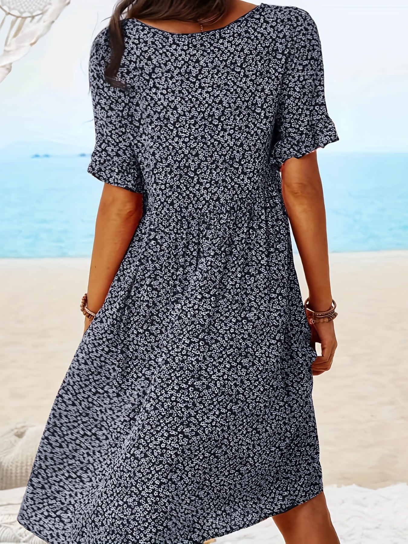 「lovevop」Ditsy Floral Print Boho Dress, Vacation Scoop Neck Short Sleeve Beach Summer Dress, Women's Clothing