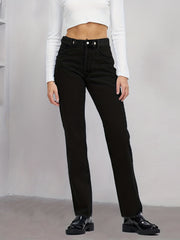 「lovevop」Black Raw Hem Straight Jeans, Slash Pockets Non-Stretch High Waist Denim Pants, Women's Denim Jeans & Clothing