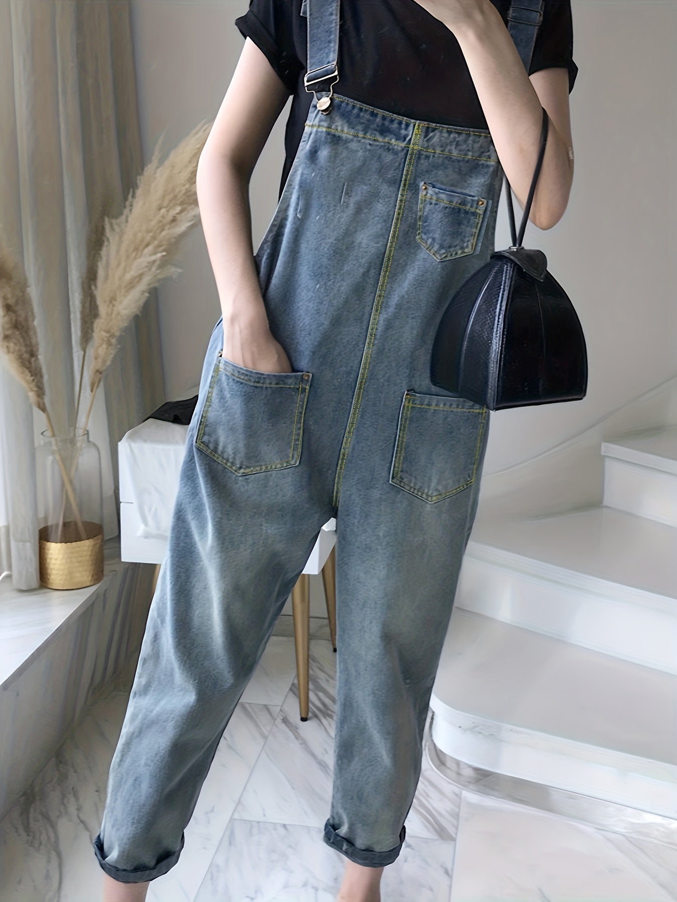 Lovevop-Blue Patch Pockets Denim Overalls, Loose Fit Non-Stretch Casual Denim Jumpsuit, Women's Denim Clothing