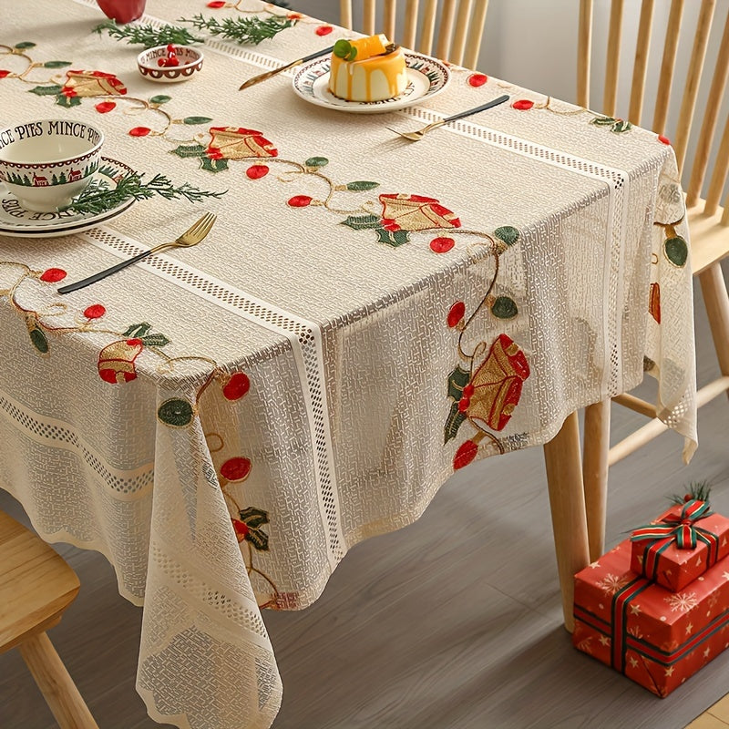 1pc, Polyester Tablecloth, Merry Christmas Table Cover, Red Bell Pattern Table Cover, Hollow Design Christmas Atmospheric Table Decor, Holiday Desktop Decoration Fabric Table Cloth, Home Decoration, Christmas Decor, Gift