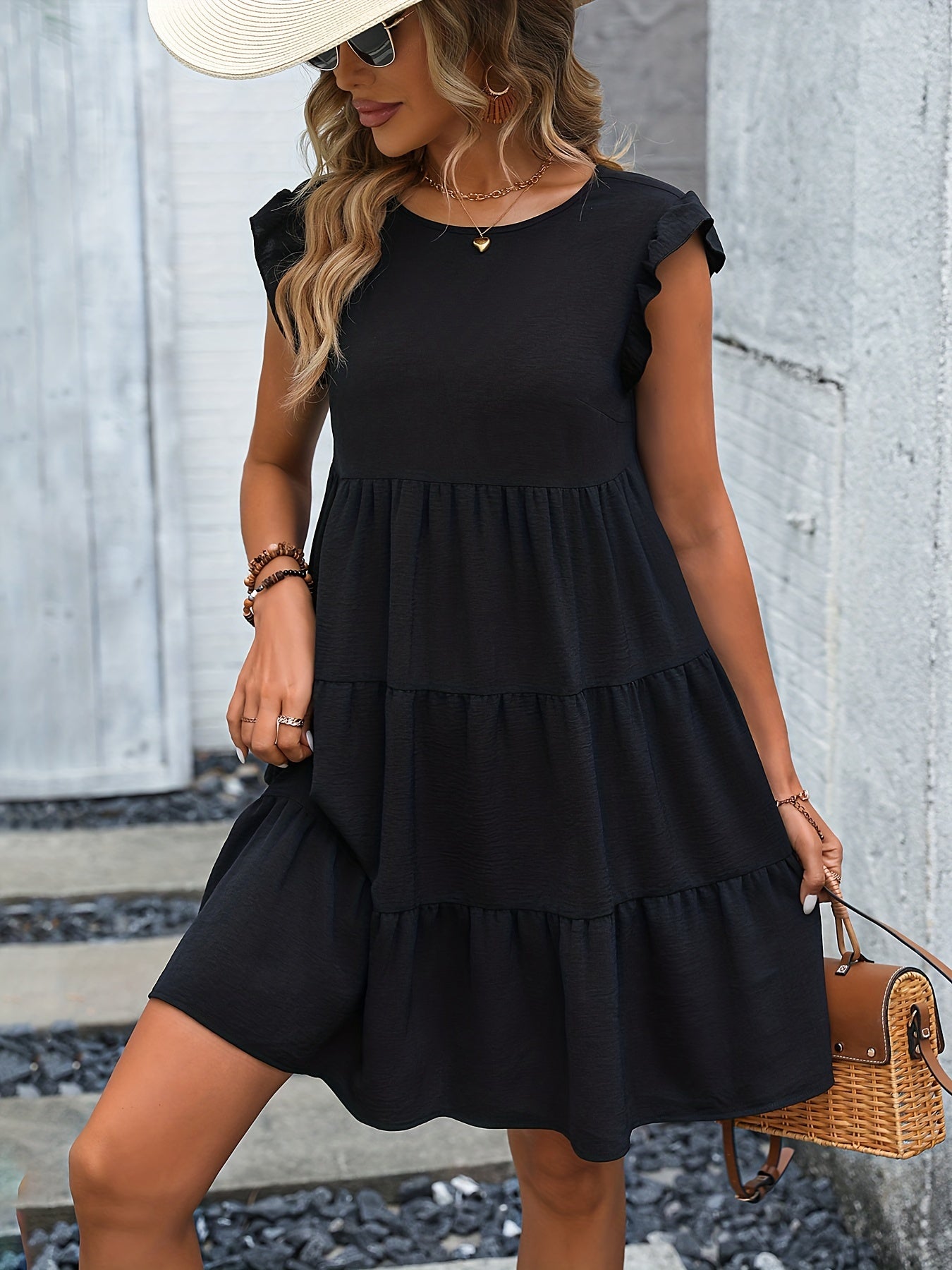 「lovevop」Versatile Ruffle Sleeve Dress, Casual Crew Neck Ruched Dress For Spring & Summer, Women's Clothing