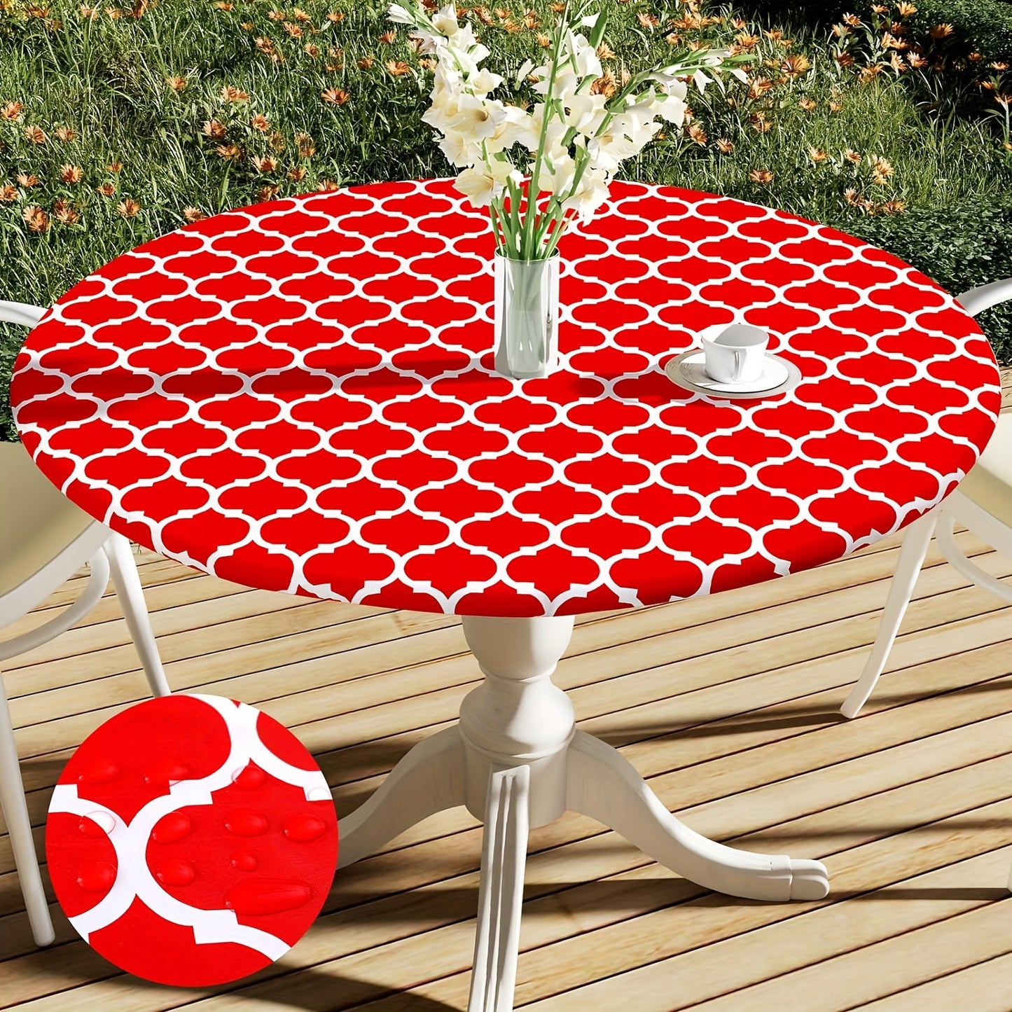 100% Vinyl Round Moroccan Tablecloth with Waterproof Oil-Proof Flannel Backing and Fitted Elasticized Edges for Outdoor, Indoor, Patio, Picnic, Camping Use