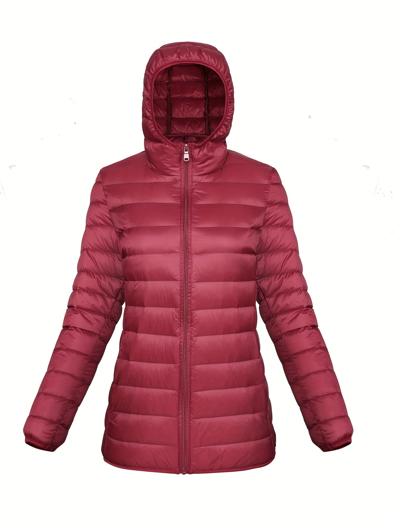 Women's Casual Hooded Puffer Jacket - Long Sleeve, Winter Warmth, Nylon Outdoor Down Coat with Zip-Up Front