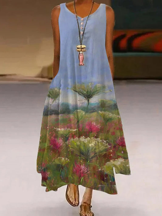 「lovevop」Women's Dresses Sleeveless A-Line Round Neck Casual Bohemian Maxi Dresses