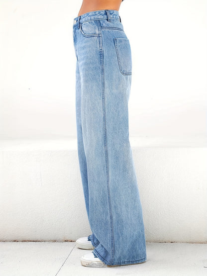 「lovevop」Blue Loose Fit Wide Leg Jeans, High Waist Slash Pockets High Rise Straight Jeans, Women's Denim Jeans & Clothing