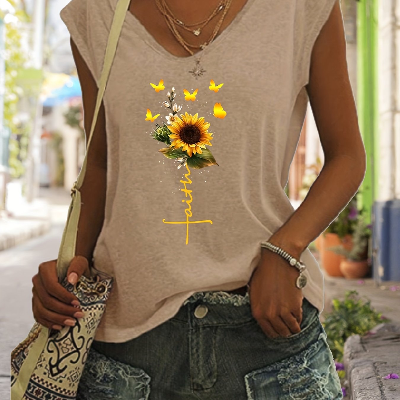 「lovevop」Sunflower Print Tank Top, Sleeveless Casual Top For Spring & Summer, Women's Clothing