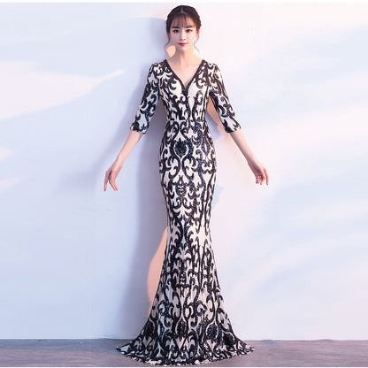 1102 Evening Dress Black Banquet Winter Medium Long Sleeve Long Fish Tail Elegant Slim Host Annual Meeting Dress Dress