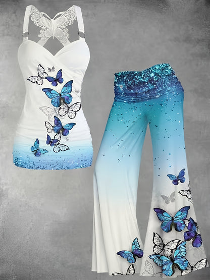 Vibrant Butterfly Print Two-Piece Set - V-Neck Tank Top & Wide Leg Pants Outfit - Micro Elasticity, Polyester, Random Printing, Casual Style for Spring/Summer