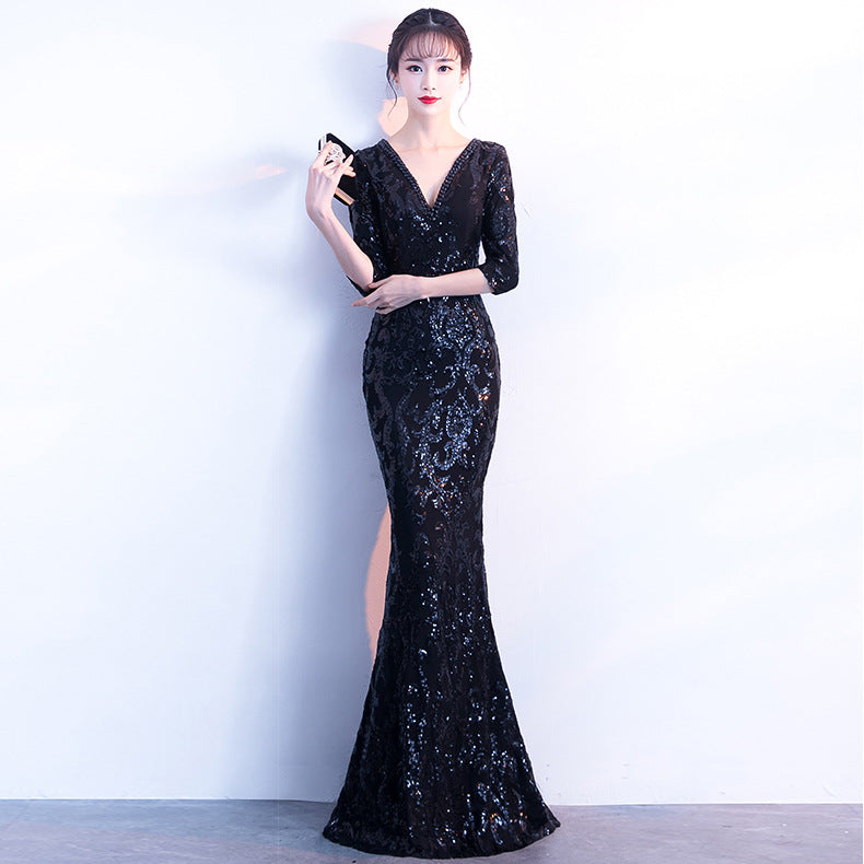 1102 Evening Dress Black Banquet Winter Medium Long Sleeve Long Fish Tail Elegant Slim Host Annual Meeting Dress Dress