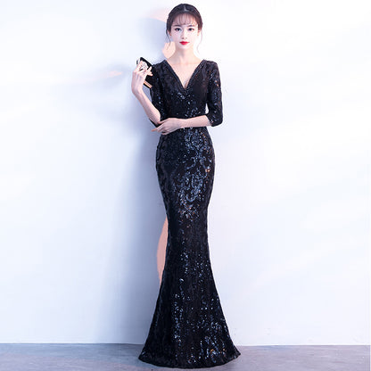 1102 Evening Dress Black Banquet Winter Medium Long Sleeve Long Fish Tail Elegant Slim Host Annual Meeting Dress Dress
