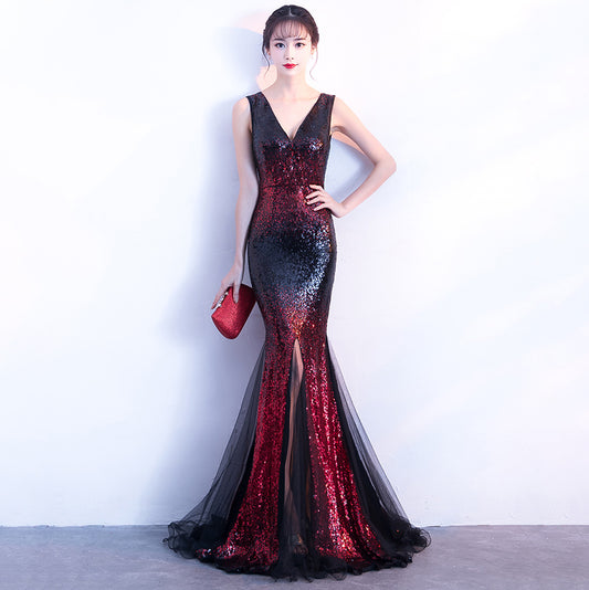 1378 #New long deep V sequined fishtail hosting performance nightclub party dress annual party car model evening wear