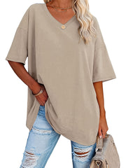 「lovevop」Basic Loose Solid T-Shirts, Casual Short Sleeve V-Neck T-Shirts, Casual Every Day Tops, Women's Clothing