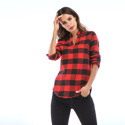 LOVEVOP Pass autumn women's clothing new plaid shirt women's long-sleeved Popular trade 2025 small V-neck shirt slim top women's wholesale