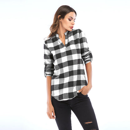 LOVEVOP Pass autumn women's clothing new plaid shirt women's long-sleeved Popular trade 2025 small V-neck shirt slim top women's wholesale