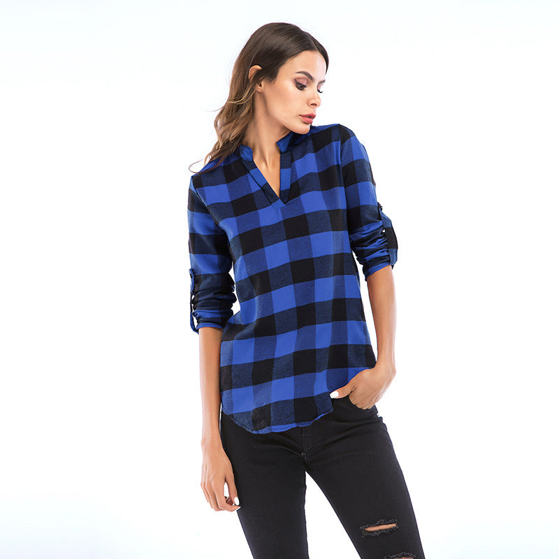 LOVEVOP Pass autumn women's clothing new plaid shirt women's long-sleeved Popular trade 2025 small V-neck shirt slim top women's wholesale