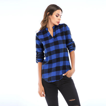 LOVEVOP Pass autumn women's clothing new plaid shirt women's long-sleeved Popular trade 2025 small V-neck shirt slim top women's wholesale