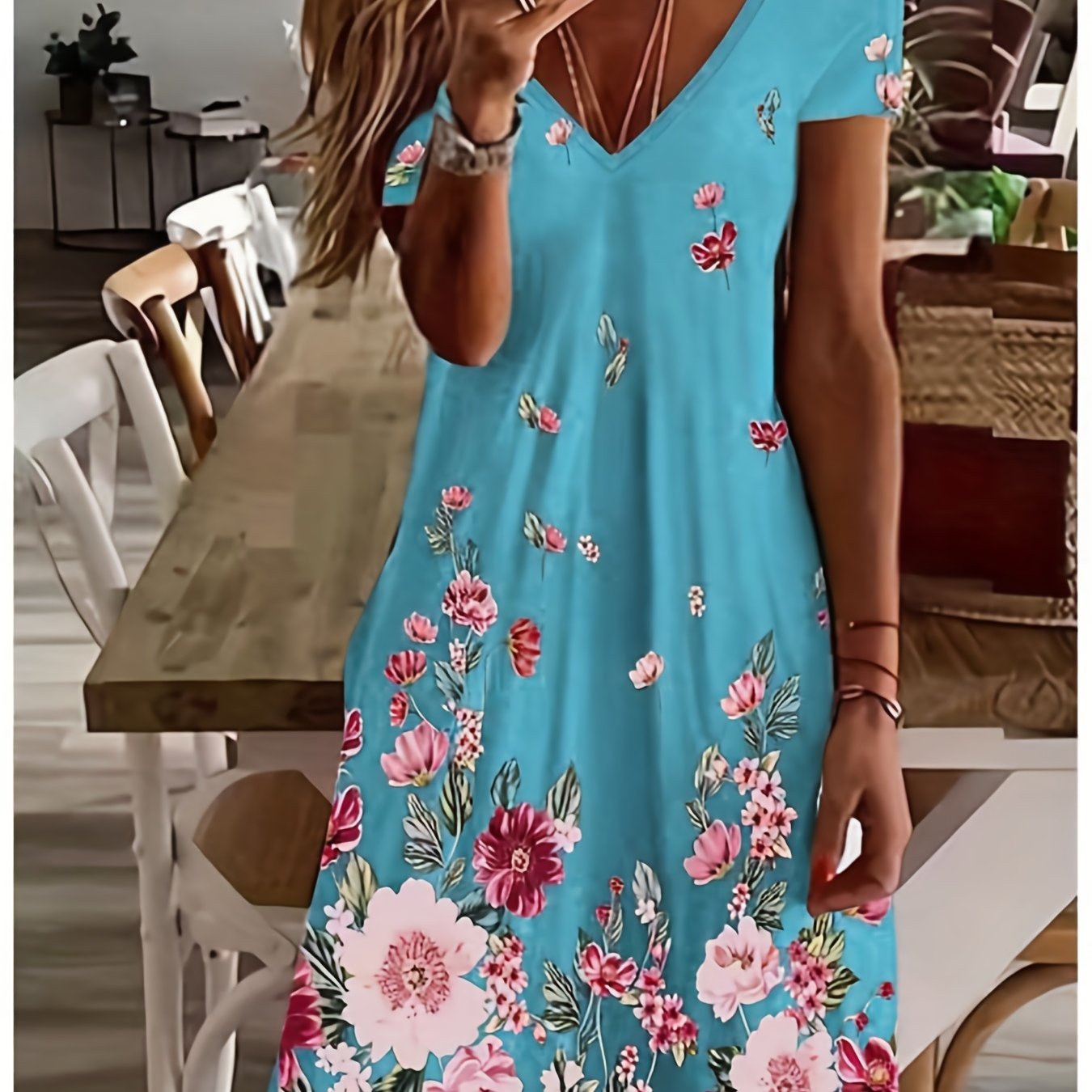 「lovevop」Floral Print Short Sleeve Dress, V Neck Casual Dress For Summer & Spring, Women's Clothing