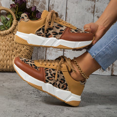 「lovevop」Women's Leopard Pattern Lace-up Chunky Sneakers, Anti-slip Sports Shoes, Lightweight Low Top Sneakers