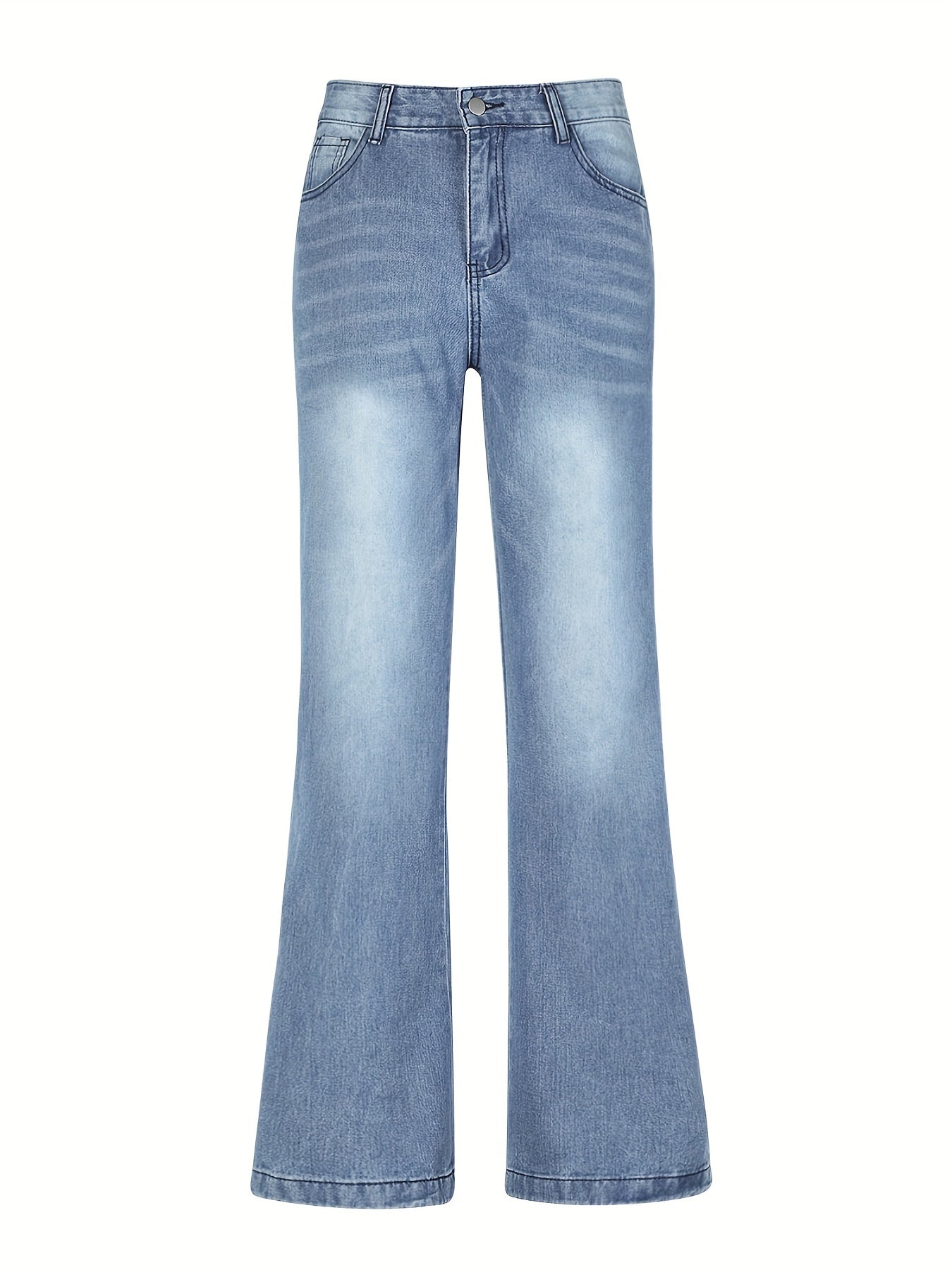 「lovevop」Blue High Waist Straight Jeans, Loose Fit Slash Pockets Baggy Denim Pants, Women's Denim Jeans & Clothing