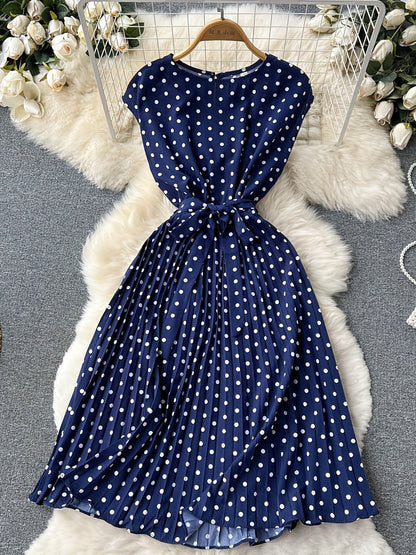 「lovevop」Polka Dot Pleated Dress, Short Sleeve Casual Dress For Spring & Summer, Women's Clothing