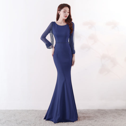 91267 #Bridal Toast New Autumn Long Sleeve Rhinestone Chain Fishtail Long Evening Dress Sexy Trailing Woman