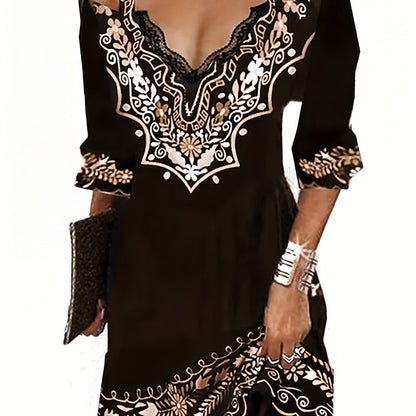 「lovevop」Ethnic Print Off Shoulder Dress, Boho V Neck Half Sleeve Cami Dress, Women's Clothing