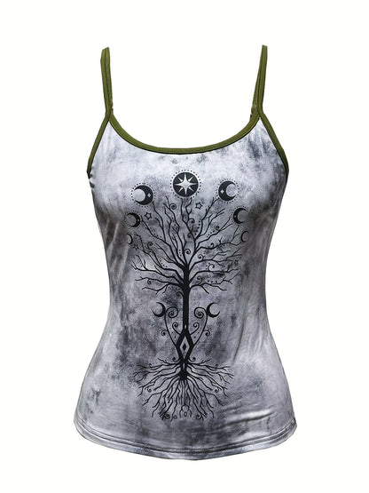 Vibrant Tree Print Vest Top Set - Contrast Trim Spaghetti Strap Cami & Solid Color Cowl Neck Tie Backless Sleeveless Outfit - Weekend Casual Polyester Knit Fabric Clothing for Adult Women