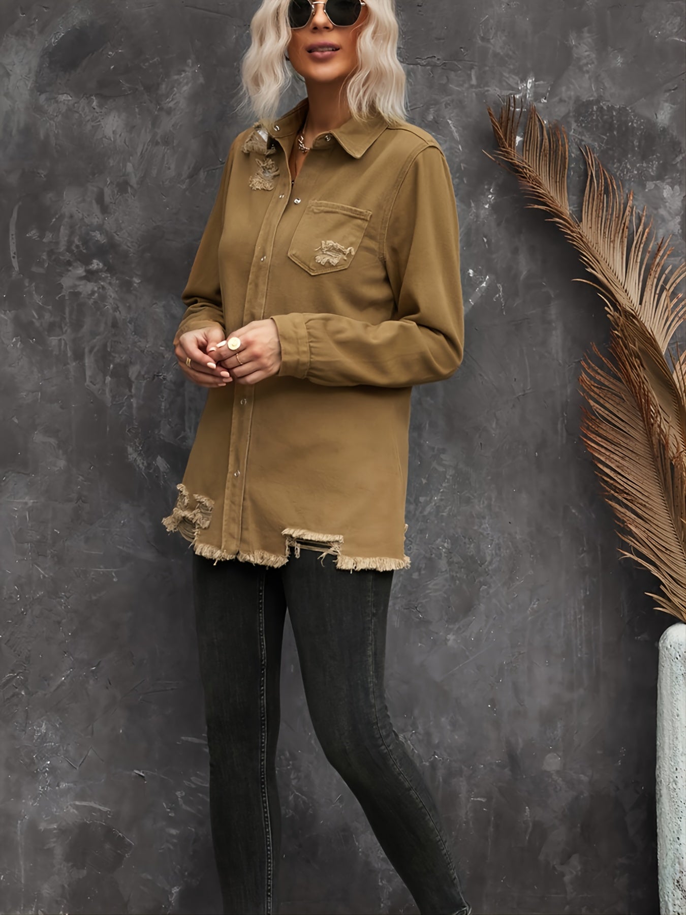 Lovevop-Solid Color Distressed Denim Thin Jacket, Raw Hem One Patch Pocket Denim Shirt Coat, Women's Denim & Clothing