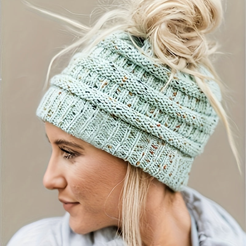 Acrylic Knit Solid Color Slouchy Beanie with Ponytail Hole - Soft, Packable, Elastic, Warm, and Trendy - Perfect for Daily Use in Autumn and Winter