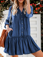 Lovevop-Blue Long Sleeves Denim Dress, Loose Fit Single-Breasted Button Fashion Denim Dress, Women's Denim Clothing