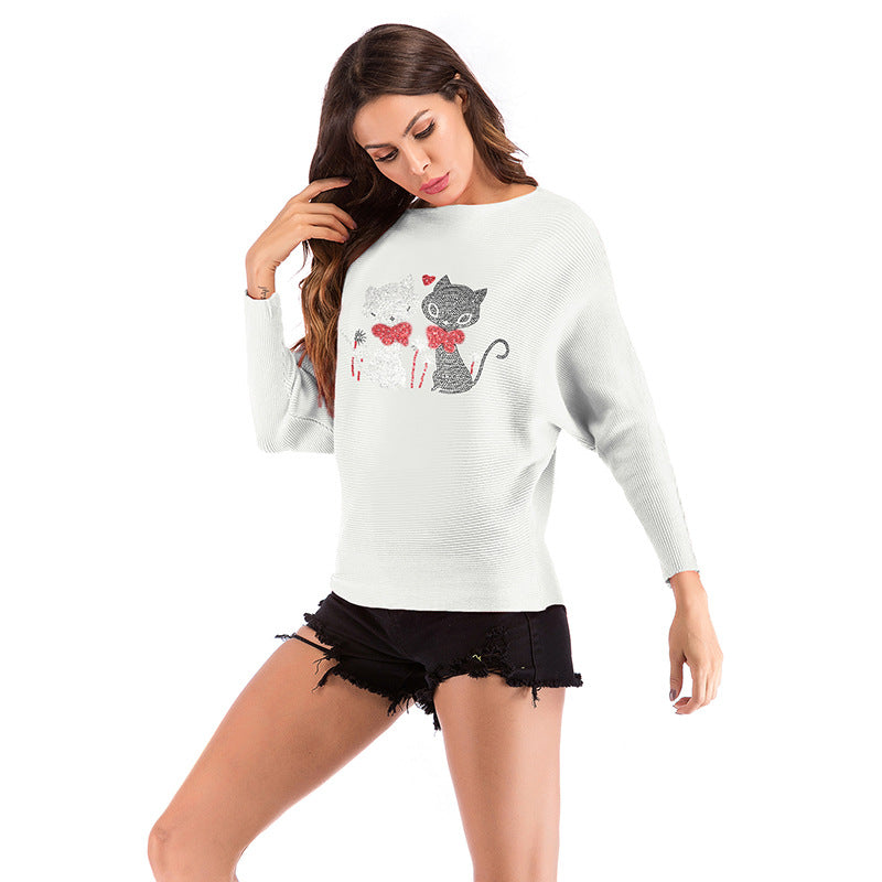 LOVEVOP  women's clothing popular autumn 2025 bat-sleeved Christmas reindeer knitted sweater one-word collar pullover long-sleeved sweater women