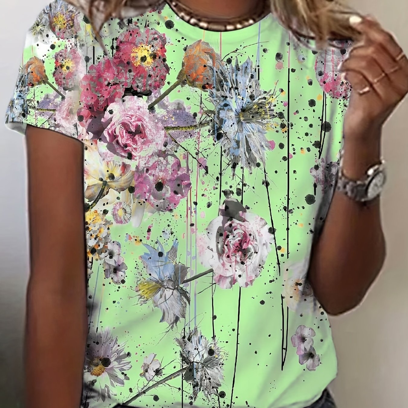 「lovevop」Floral Print Crew Neck T-Shirt, Casual Short Sleeve T-Shirt For Spring & Summer, Women's Clothing