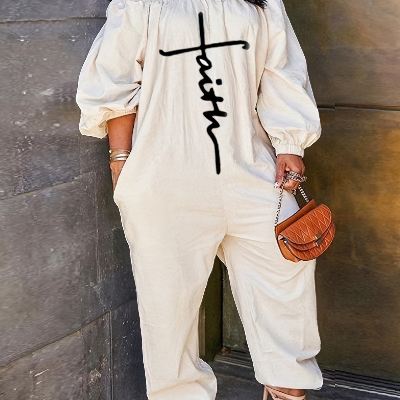 「lovevop」Letter Print Off The Shoulder Jumpsuit , Casual Long Sleeve Stretchy Jumpsuit, Suit For Summer, Women's Clothing