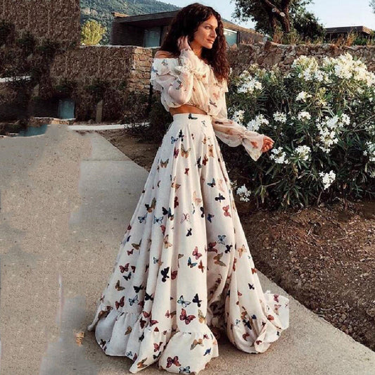2025 2025 New Internet celebrities butterfly print two-piece bohemian big skirt long dress beach dress