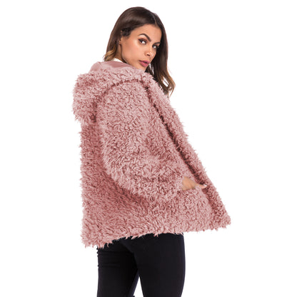 LOVEVOP 2025  trade furry hooded jacket women's Hot autumn and winter new fashion long-sleeved loose thickened warm coat