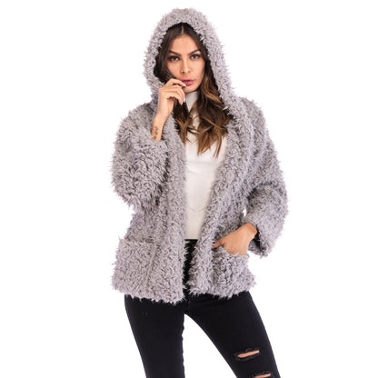 LOVEVOP 2025  trade furry hooded jacket women's Hot autumn and winter new fashion long-sleeved loose thickened warm coat