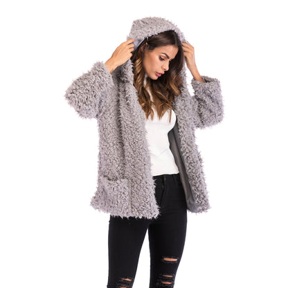 LOVEVOP 2025  trade furry hooded jacket women's Hot autumn and winter new fashion long-sleeved loose thickened warm coat