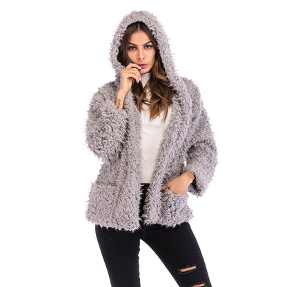 LOVEVOP 2025  trade furry hooded jacket women's Hot autumn and winter new fashion long-sleeved loose thickened warm coat