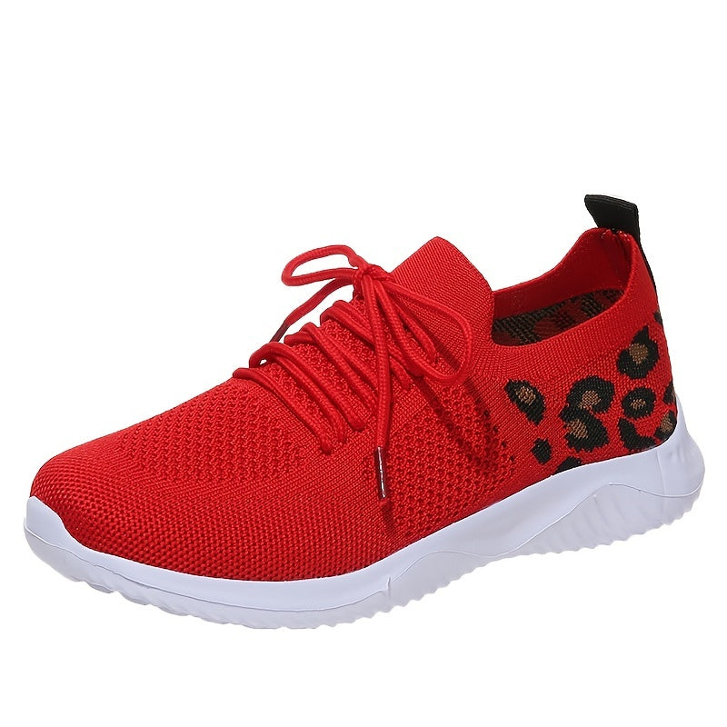 「lovevop」Women's Casual Sneakers, Flying Woven Leopard Pattern Breathable Lace-up Running Shoes, Women's Footwear